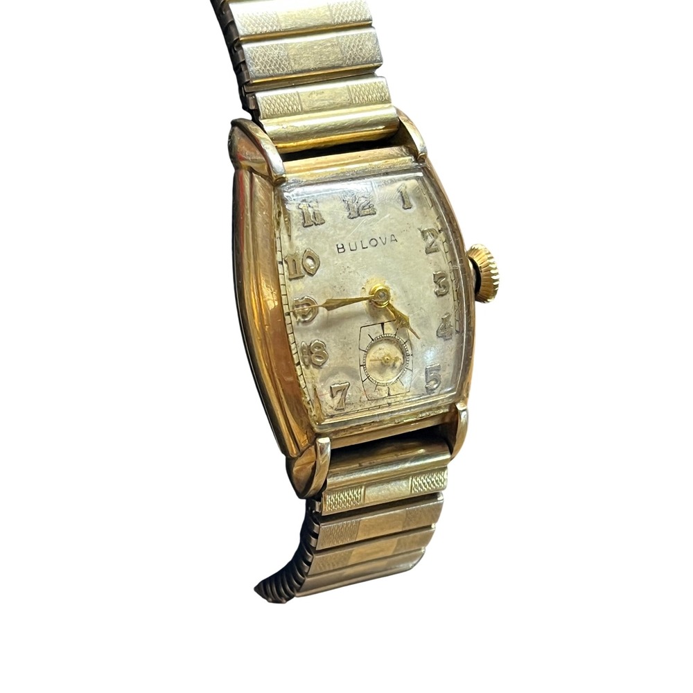 Vintage Bulova Gold Tone Tonneau Art Deco Watch with Sub Seconds Dial